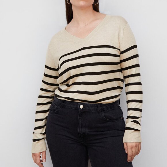 Mango Beige/Black Striped Fine-Knit Sweater/NWT/XXL - Picture 3 of 16